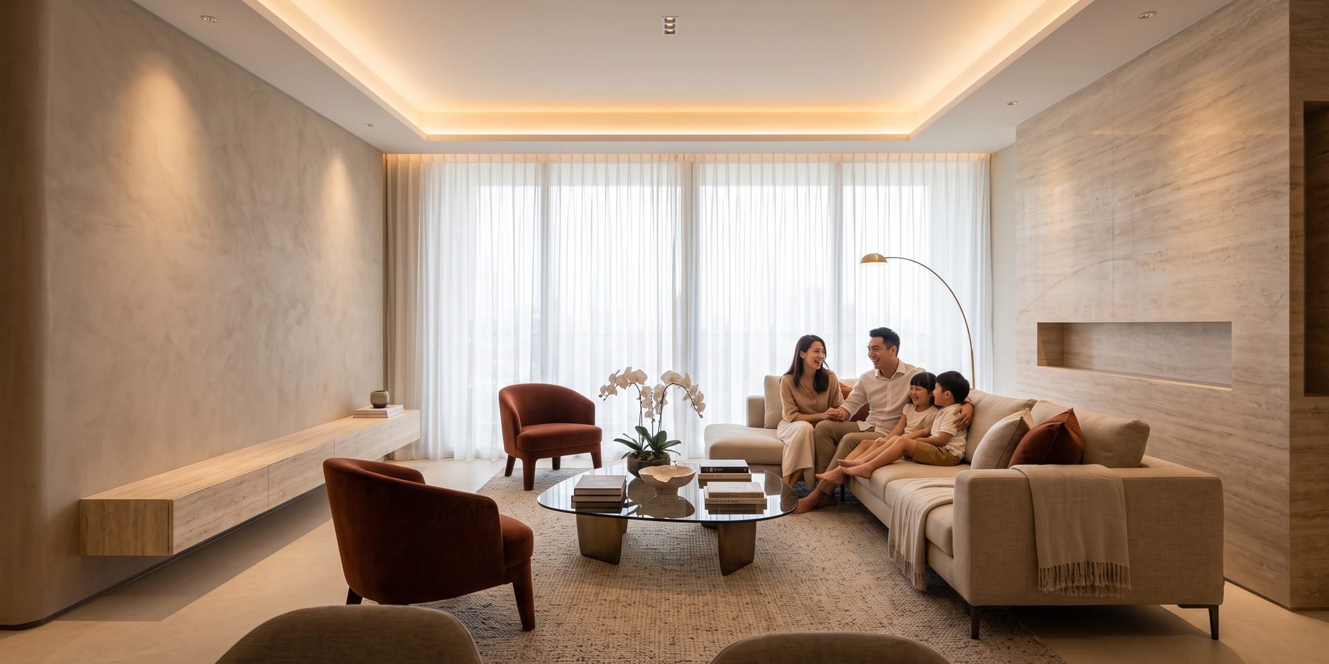 Interior living space styled for One Chuan Grove